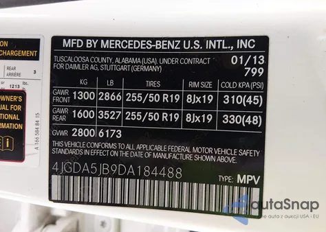 2013 Mercedes-Benz Ml 350 из США, поврежденный, VIN 4JGDA5JB9DA184488